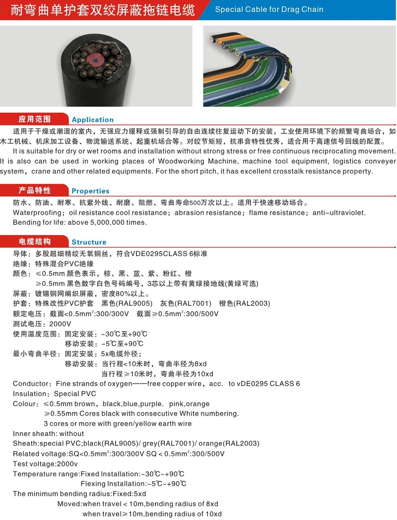 耐彎曲單護(hù)套雙絞屏蔽拖鏈電纜